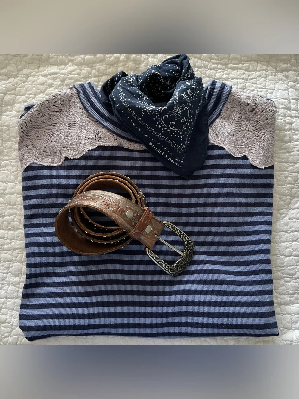We The Free Oversized Striped Crew Neck Jersey T-Shirt w. Lace Appliqué. - Picture 5 of 9